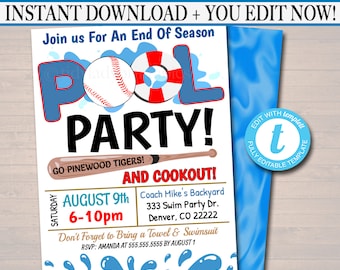 EDITABLE Summer Pool Baseball Party Invitation, Printable Digital Invite Back to School, Team BBQ Party, End of School, Boys Pool Birthday