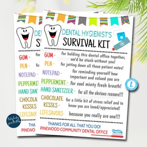 Dental Hygienist&#39;s Survival Kit Gift Tags, dentist appreciation week, dental office staff, Funny Thank you Gift, Printable Editable Template