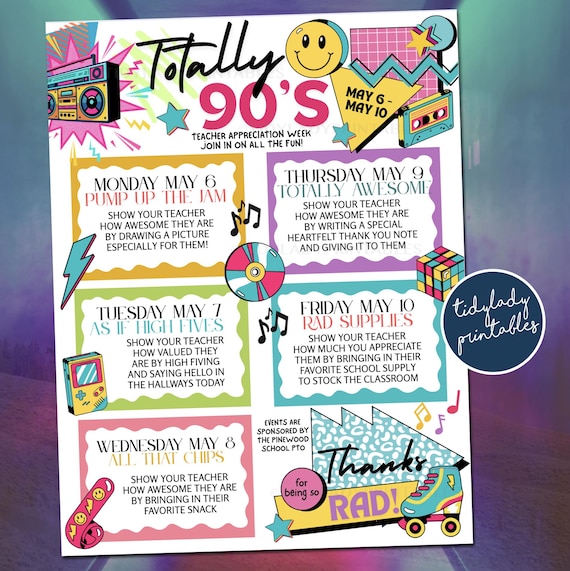 80s/90s Theme Teacher Appreciation Week Itinerary Poster (Digital File)