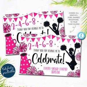 Girl Cheerleader Thank you Card, Cheer Birthday Printable,Cheerleader tailgate game time, Girl Sibling Birthday Poms Cheer Team, EDITABLE