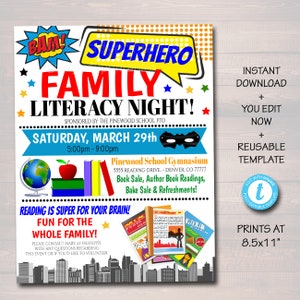 Superhero Family Literacy Night Flyer, Printable PTA PTO Flyer, School Church Fundraiser, Reading Book Sale Event Poster, Editable Template