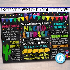 EDITABLE Nacho Average Teacher Appreciation Week Itinerary Poster, Fiesta Theme Appreciation Week Schedule Events INSTANT DOWNLOAD Printable image 1