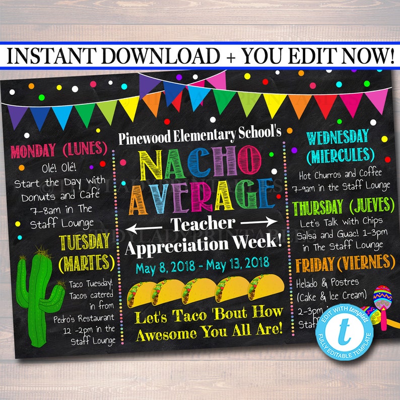 EDITABLE Nacho Average Teacher Appreciation Week Itinerary Poster, Fiesta Theme Appreciation Week Schedule Events INSTANT DOWNLOAD Printable image 1