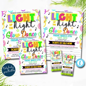 Light Up the Night Glow Dance Set, druckbares Schultanz-Flyer-Party-Einladungsticket, Kirchengemeinschaftsveranstaltung, Schule pto pta, EDITIERBAR