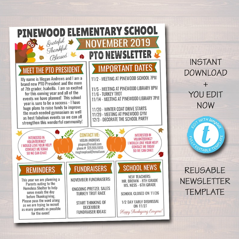 November PTO PTA Newsletter: Holiday Fall Template (editable, Printable ...