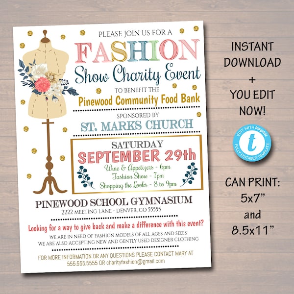 EDITABLE Fashion Show Flyer, Spring Summer Boutique Show Invitation PTO PTA, Charity Event, Vintage Invite Printable Community Event Church