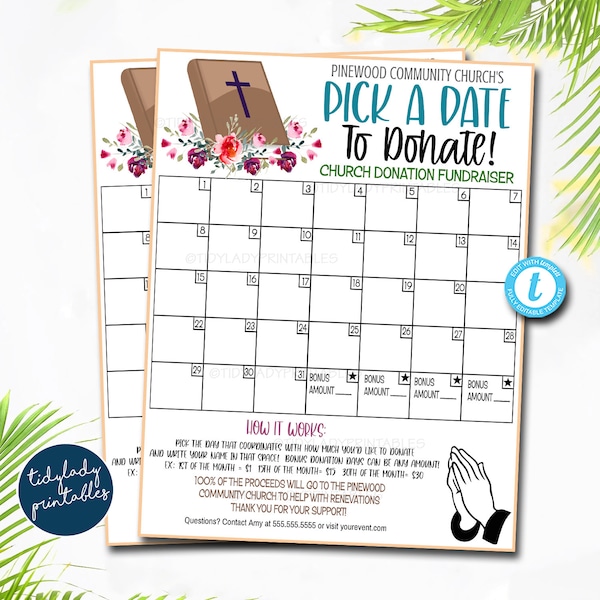 EDITABLE Church Pick a Date to Donate Printable, Catholic School Class Fundraiser, High School Religous Editable Calendar, Digital Template