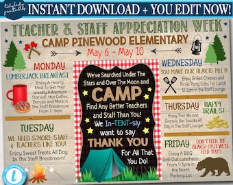 EDITABLE Camp Themed Teacher Appreciation Week Itinerary Poster, Outdoor Wilderness Appreciation Schedule Events, INSTANT DOWNLOAD Printable