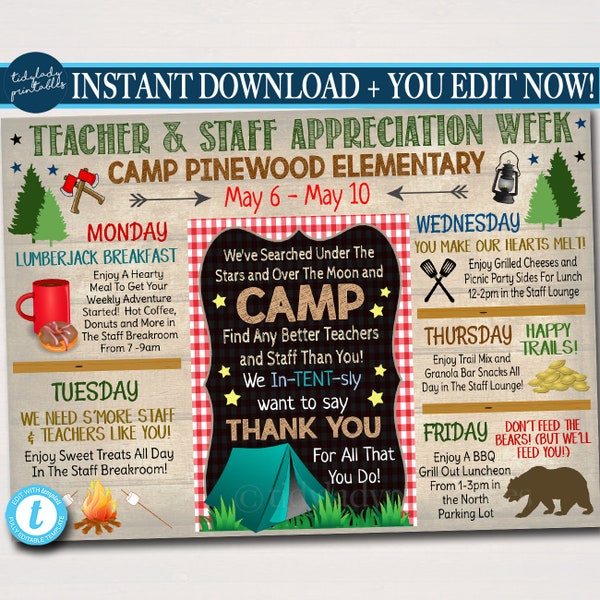 EDITABLE Camp Themed Teacher Appreciation Week Itinerary Poster, Outdoor Wilderness Appreciation Schedule Events, INSTANT DOWNLOAD Printable