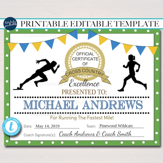 EDITABLE Cross Country Award Certificates, INSTANT DOWNLOAD, Track Awards, School Running Team Party Printable, Sports Runner Certificates Il_570xn