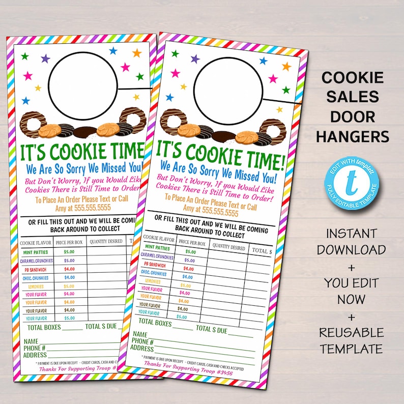 Cookie Door Hangers, Scout Troop Leader Forms, Printable Cookies Sales Marketing Ideas, Quarantine Social Distancing, EDITABLE TEMPLATE 