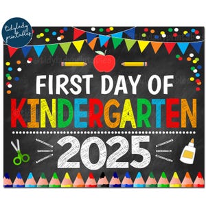 Primer día de jardín de infantes 2025, letrero de pizarra imprimible para el regreso a clases, pancarta de confeti con los colores primarios para niños, descarga digital instantánea