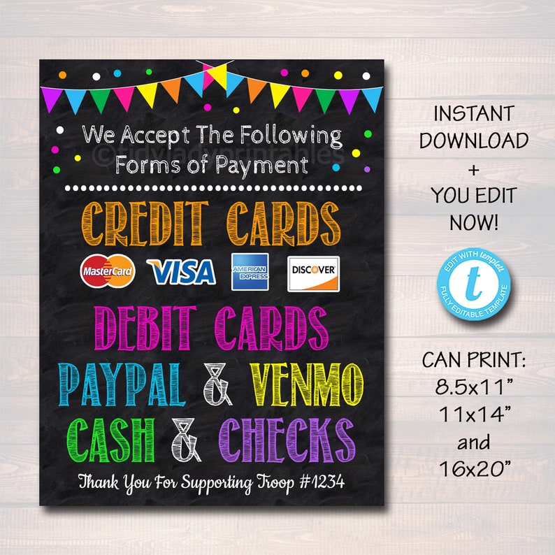 EDITABLE Credit score Card Indication, Fundraising Booth, Bake Sale, Cookie Booth Indication We Take Credit rating Playing cards Scouts Cookie Banner, Cookie Booth Poster graphic regarding We Accept Credit Card Signs Printable named EDITABLE Credit rating Card Signal, Fundraising Booth, Bake Sale, Cookie Booth Indicator We Acknowledge Credit rating Playing cards Scouts Cookie Banner, Cookie Booth Poster