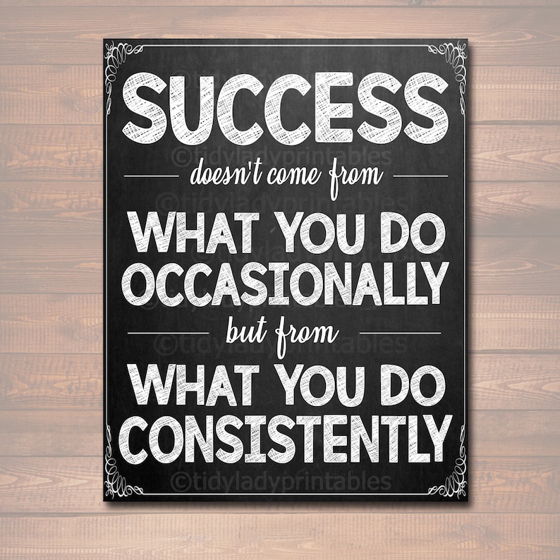 May include: Black chalkboard with white text that reads "Success doesn't come from what you do occasionally but from what you do consistently".