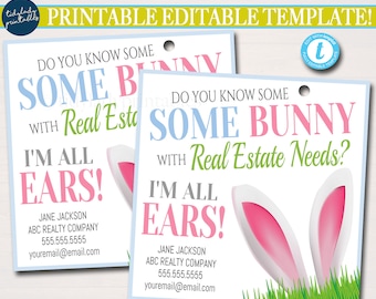Spring Easter Bunny Realtor Tags, Easter Pop by Tags, I'm All Ears Real Estate Needs, Realtor Marketing, Referral Spring Business, EDITABLE