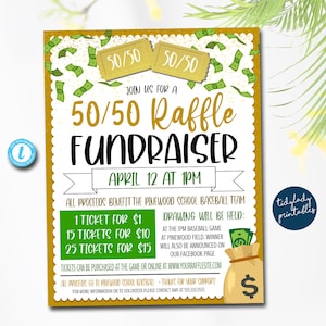 50/50 Raffle Ticket Fundraiser Flyer, Split the Pot Raffle Fundraiser, Cash Tombola Flyer, Sport Fundraiser, pto pta Church School Charity