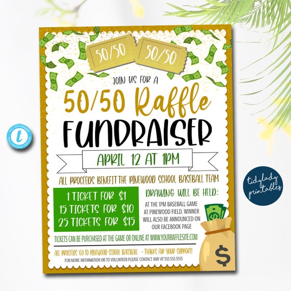 50/50 Raffle Ticket Fundraiser Flyer, split the pot Raffle fundraiser, cash raffle flyer, Sports Fundraiser, pto pta Church School Charity Il_570xn
