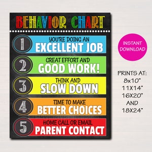 May include: A black and white classroom behavior chart with five numbered steps. Each step has a different colored background and a message. Step 1 is blue and says "You're doing an excellent job". Step 2 is green and says "Great effort and good work!" Step 3 is yellow and says "Think and slow down". Step 4 is orange and says "Time to make better choices". Step 5 is red and says "Home call or email parent contact". The chart also includes the text "Instant Download" and "Prints at: 8x10", 11x14", 16x20" and 18x24""
