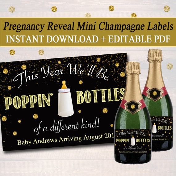 Mini Baby Champagne Label New Years Pregnancy Announcement Printable Label, New Years Eve ...