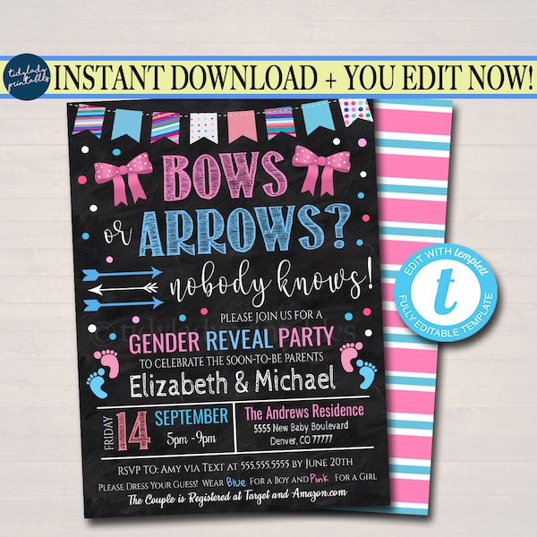 Bows or Arrows Gender Reveal Invitation, Team Blue or Team Pink, BabyQ bbq backyard Cookout Coed Couples Shower Sprinkle, EDITABLE TEMPLATE