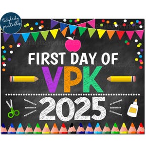 Letrero de pizarra del primer día de VPK 2024: Confeti arcoíris (descarga digital)