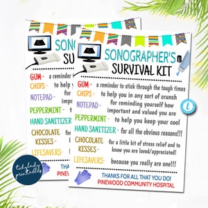 Sonographers Survival Kit Gift Tags, National Nurses Day, Sonographer Appreciation Week, Thank you Gift Card, Printable Editable Template