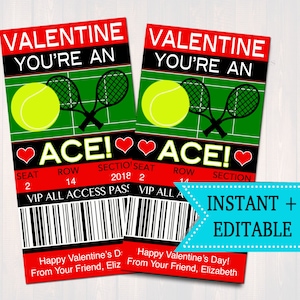EDITIERBARE Tennis Ticket Valentinstagskarte, SOFORTIGER DOWNLOAD, druckbare Sport Tennis Kinder Valentine, Klassenzimmer Valentine, Sie sind ein Ass!