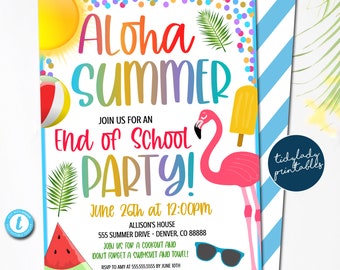 May include: Aloha Summer End of School Party invitation with a pink flamingo, a watermelon, a beach ball, a popsicle, sunglasses, and confetti. The invitation is for June 26th at 12:00 PM. The address is 555 Summer Drive, Denver, CO 88888. RSVP to Amy at 555.555.5555 by June 10th.