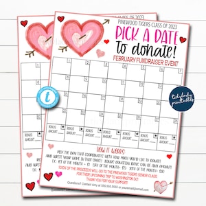 Valentine Fundraiser Calendar, Pick a Date to Donate February Winter Sponsership Membership Donation Signup Printable Handout Form EDITABLE