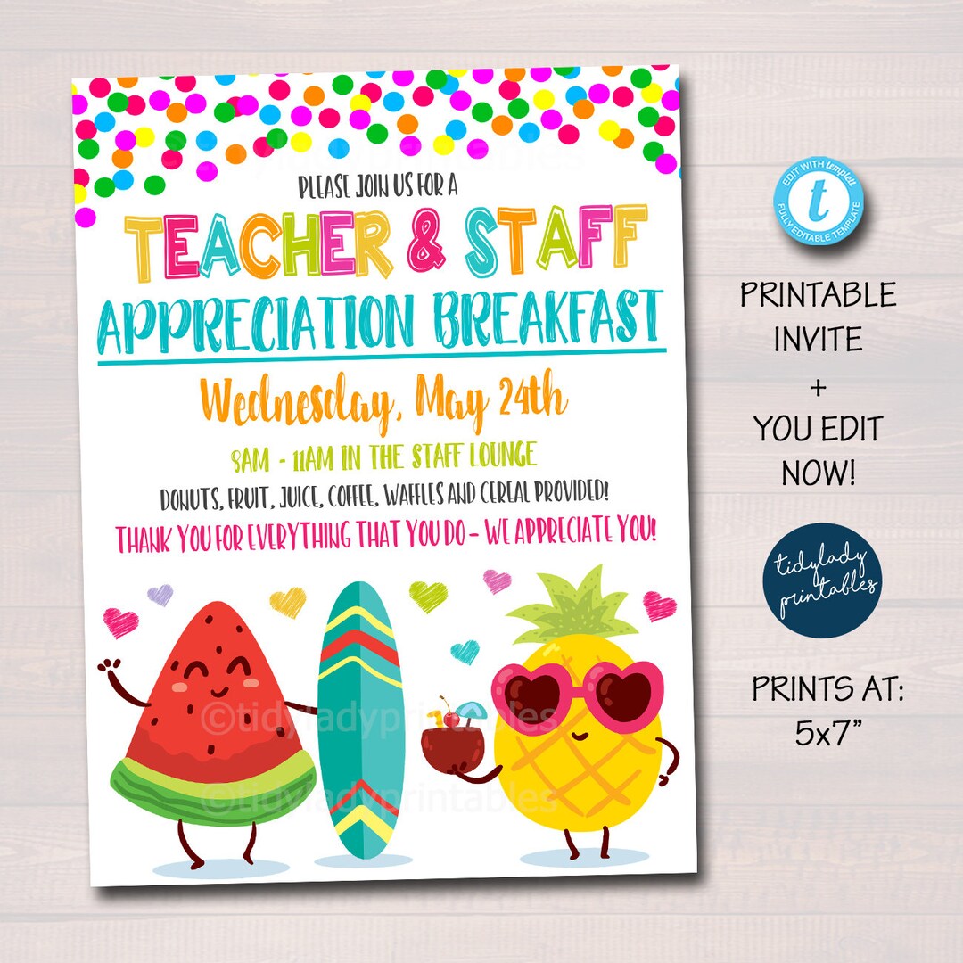 Editable Teacher Appreciation Staff Invitation, Thank You Printable