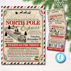 EDITIERBARE Nordpol-Polar-Express-Zug-Veranstaltung mit Weihnachtsmann-Flyer und Ticket-Einladung, Kinder-Weihnachtsfeier, druckbare Schulkirche