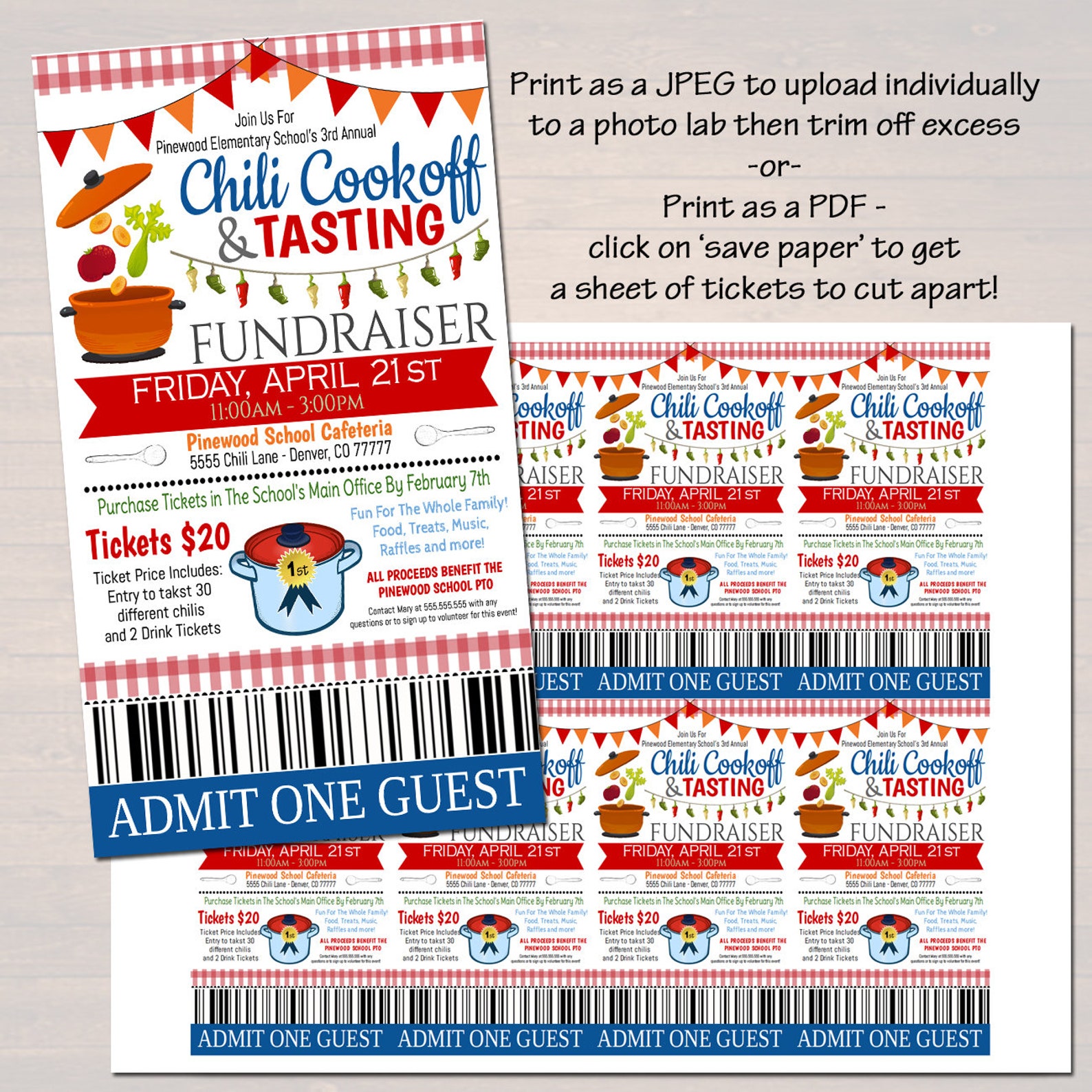 EDITABLE Chili Cookoff Dinner Fundraiser Flyer Ticket Set Pto Etsy