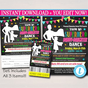 Daddy Daughter Superheld School Dance Set, druckbare Flyer Invite Ticket, INSTANT DOWNLOAD, Pto Pta, Kirche Fundraiser, bearbeitbare Vorlage