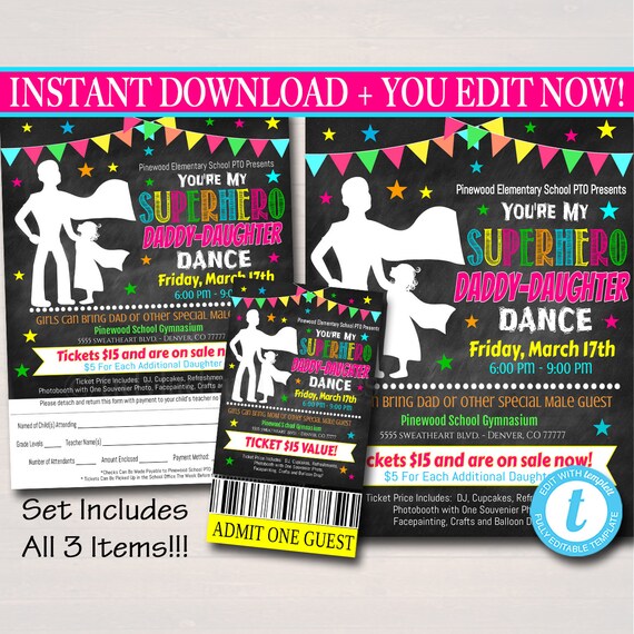 Daddy Daughter Superhero School Dance Set, Printable Flyer Invite Ticket, INSTANT DOWNLOAD, Pto Pta, Church Fundraiser, Editable Template Il_570xn