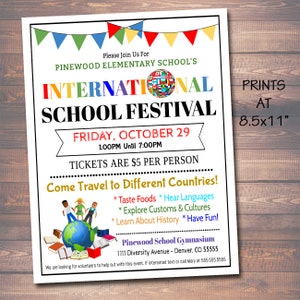 May include: A colorful flyer for an International School Festival at Pinewood Elementary School. The flyer features a globe with flags of different countries, books, and children. The event is on Friday, October 29th from 1:00 PM to 7:00 PM. Tickets are $5 per person. The flyer also includes information about the event, such as tasting foods, hearing languages, exploring customs and cultures, learning about history, and having fun. The event will be held at the Pinewood School Gymnasium, located at 1111 Diversity Avenue in Denver, Colorado.