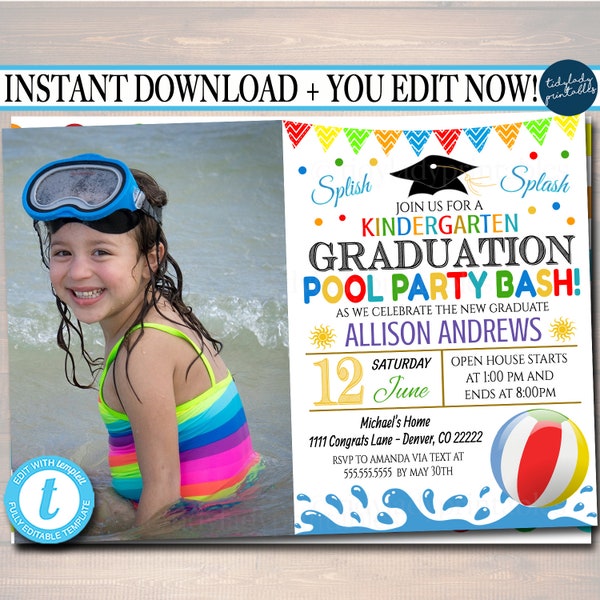 Editable Pool Party Graduation Invitation Printable Kindergarten Preschool Pre K Graduate School Graduation Ceremony Invite INSTANT DOWNLOAD