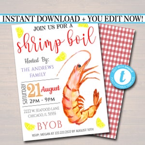 EDITABLE Shrimp Boil Invitation, Low Country Company Picnic, Family Picnic BBQ, Seafood Crawfish Boil, Barbecue Summer Backyard Party Invite
