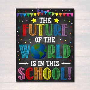 Puede incluir: Un cartel de pizarra colorido con el texto "The Future of the World is in this School!" El cartel tiene un borde de arcoíris y un gráfico de globo terráqueo.