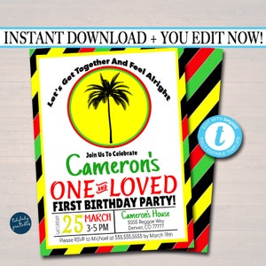 EDITABLE One Love First Birthday Party Invitation, Jamaica Reggae Theme Theme, One Year, Let's Get Together & Feel Alright, INSTANT DOWNLOAD image 1