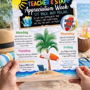 Beach Theme Teacher Appreciation Week Itinerary: Editable Printable Template, staff employee thank you idea