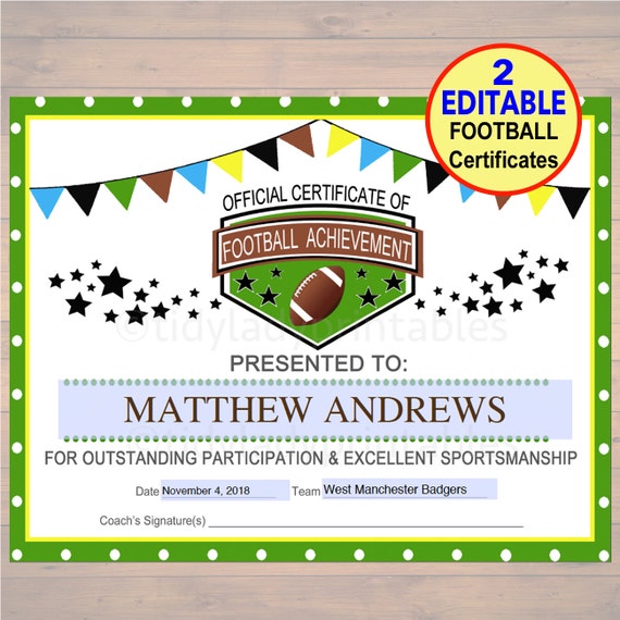 editable football award certificates instant download team etsy