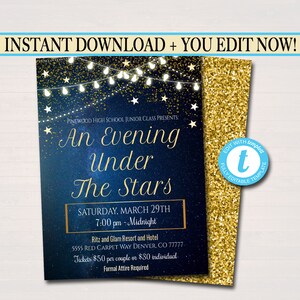 EDITIERBARE Abschlussball-Tanz-Einladung. Sternennacht, Gold Glitter Ein Abend unter den Sternen High School Dance Event, Pto, Pta SOFORTIGER DOWNLOAD