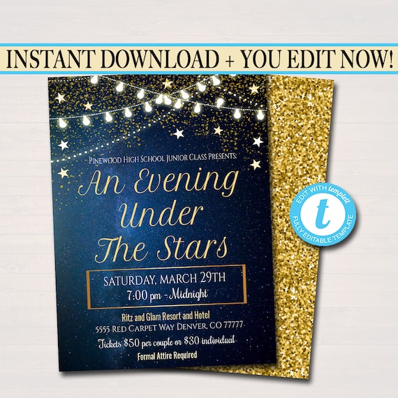 EDITABLE Prom Dance Invitation. Starry Night, Gold Glitter An Evening Under The Stars High School Dance Event, Pto, Pta INSTANT DOWNLOAD Il_570xn
