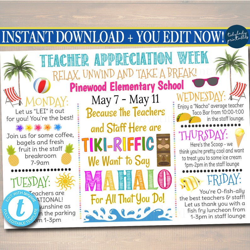 EDITABLE Beach Themed Teacher Appreciation Week Itinerary Etsy