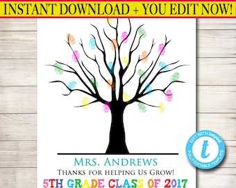 EDITABLE Teacher Gift, CUSTOM Printable Class Thumbprint Art, Teacher Thumbprint Tree Poster, Teacher Appreciation Week, Teacher Class Gifts