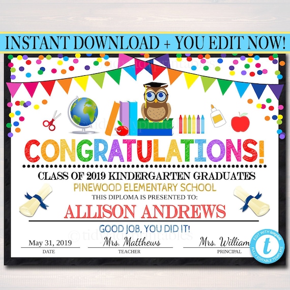 EDITABLE Graduation Certificate ANY GRADE Printable Diploma Kindergarten Preschool PreK Graduate School Graduation Ceremony Instant Download Il_570xn