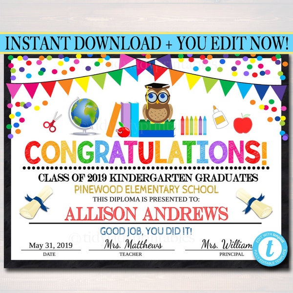 EDITABLE Graduation Certificate ANY GRADE Printable Diploma Kindergarten Preschool PreK Graduate School Graduation Ceremony Instant Download