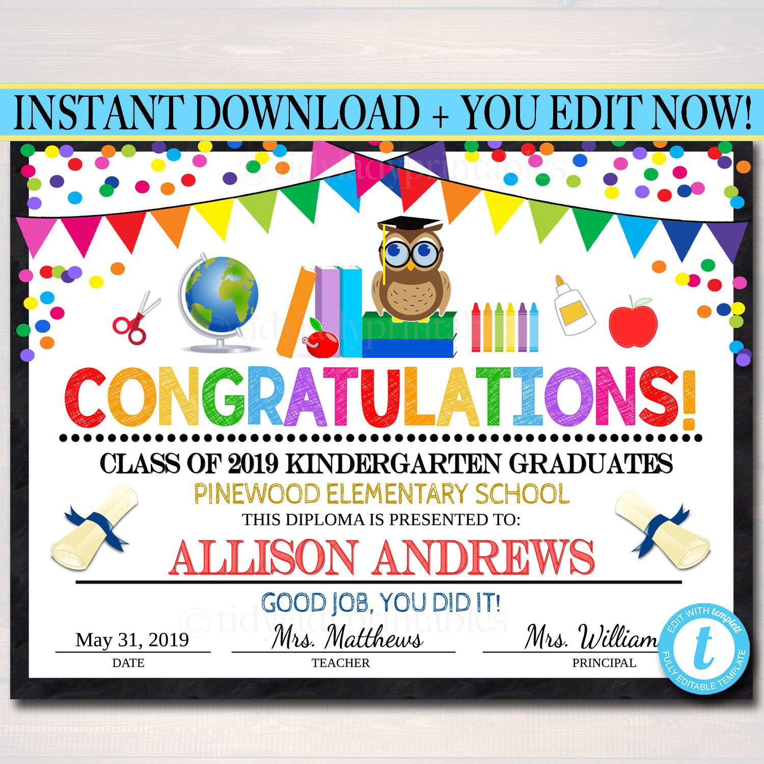 EDITABLE Graduation Certificate ANY GRADE Printable Diploma Etsy