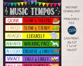 May include: A colorful printable chart with the title "Music Tempos" on a black chalkboard background. The chart lists different musical tempos with corresponding descriptions and illustrations. The tempos listed are Grave, Largo, Adagio, Andante, Allegro, Vivace, and Presto.
