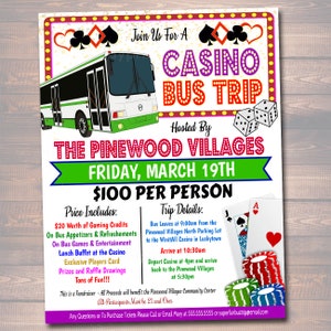 Puede incluir: Un folleto colorido que anuncia un viaje en autobús al casino organizado por The Pinewood Villages el viernes 19 de marzo. El folleto presenta un autobús verde, cartas de juego, dados y el texto "100 € por persona".
